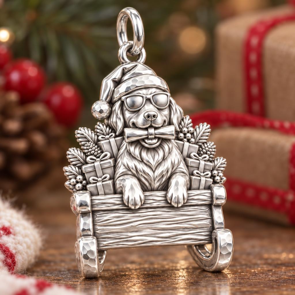 Festive Sleigh Ride Charm Bracelet – Personalized Dog Mom Gift – macro detail of the charm