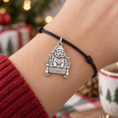 Festive Sleigh Ride Charm Bracelet – Personalized Dog Mom Gift – worn on the wrist on a black cord bracelet