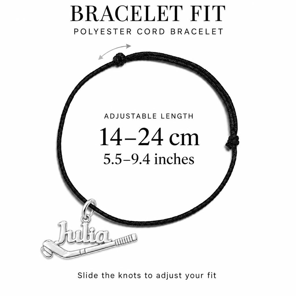 Field Hockey Stick Charm Bracelet – Personalized Athlete Gift – adjustable black cord bracelet, 14–24 cm