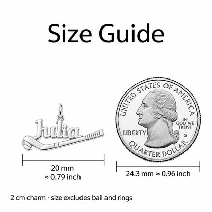 Field Hockey Stick Charm Bracelet – Personalized Athlete Gift – size guide, 2 cm charm next to a quarter