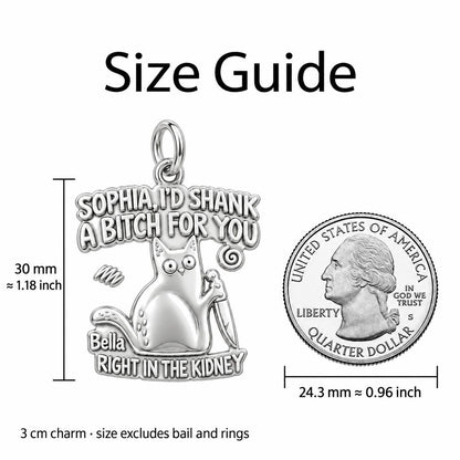 Fierce Feline Friendship Charm Bracelet – Personalized Bestie Gift – size guide, 3 cm charm next to a quarter