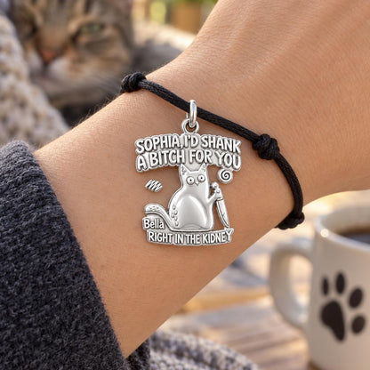 Fierce Feline Friendship Charm Bracelet – Personalized Bestie Gift – worn on the wrist on a black cord bracelet