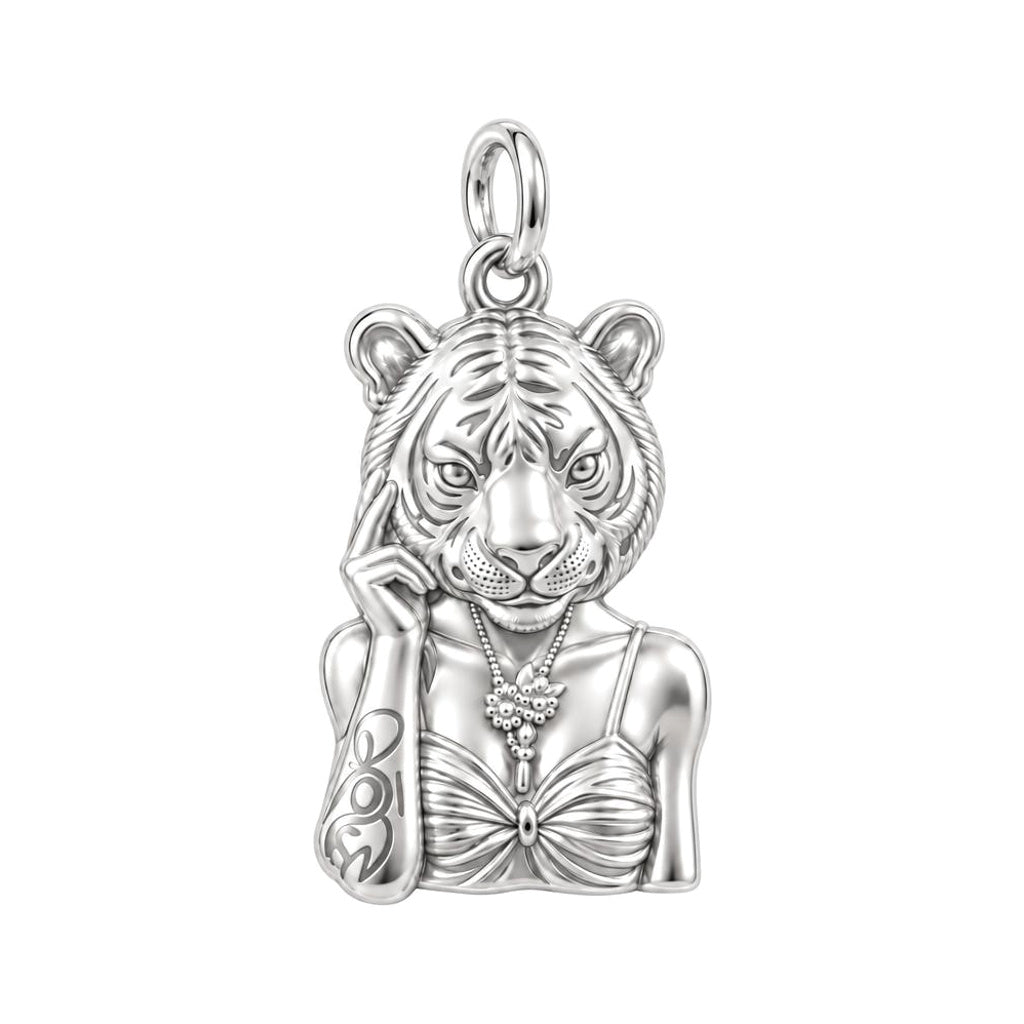 Fierce Grace Tiger Lady Charm Bracelet – Personalized Mom Gift – silver charm, front view