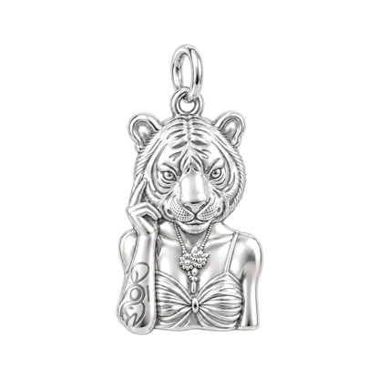 Fierce Grace Tiger Lady Charm Bracelet – Personalized Mom Gift – silver charm, front view