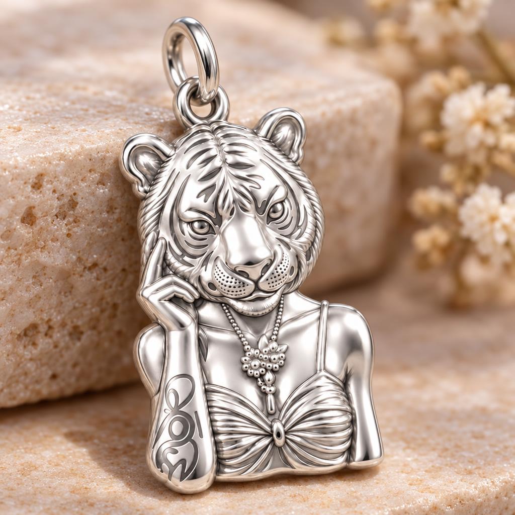 Fierce Grace Tiger Lady Charm Bracelet – Personalized Mom Gift – macro detail of the charm