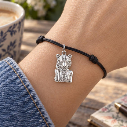 Fierce Grace Tiger Lady Charm Bracelet – Personalized Mom Gift – worn on the wrist on a black cord bracelet