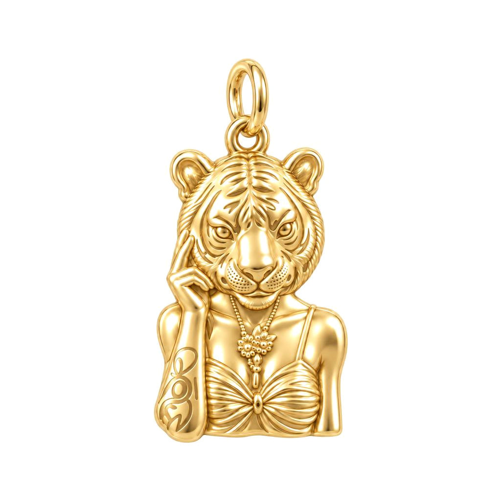 Fierce Grace Tiger Lady Charm Bracelet – Personalized Mom Gift – 18K gold charm, front view