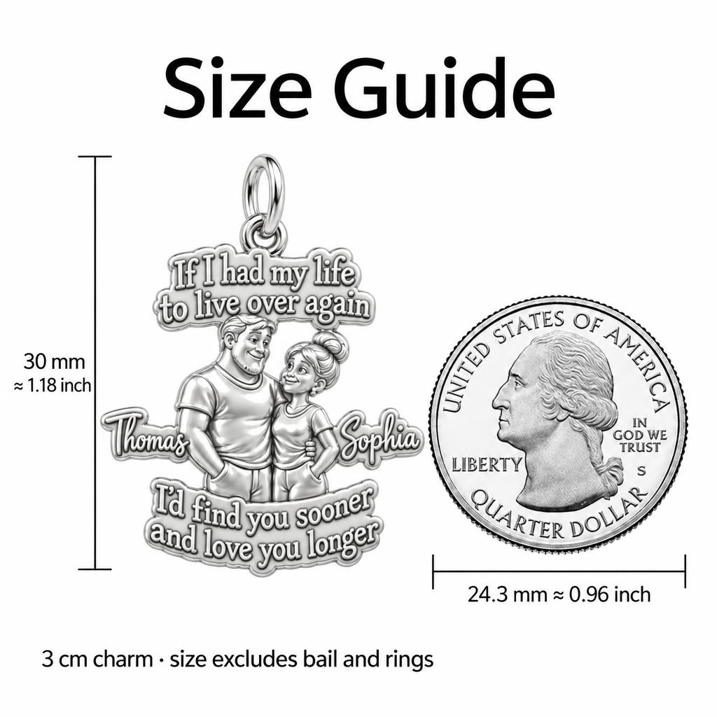 Find You Sooner Charm Bracelet – Personalized Couple Gift – size guide, 3 cm charm next to a quarter