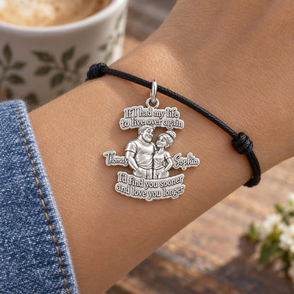 Find You Sooner Charm Bracelet – Personalized Couple Gift – worn on the wrist on a black cord bracelet