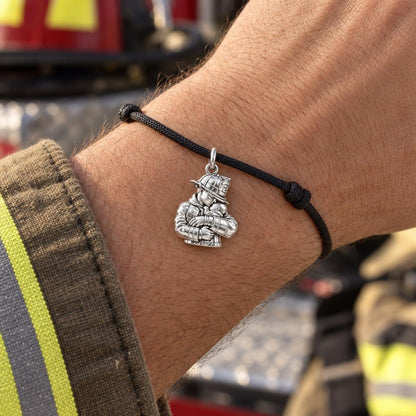 Firefighter Hero Gentle Embrace Charm Bracelet – Personalized Dad Gift – worn on the wrist on a black cord bracelet