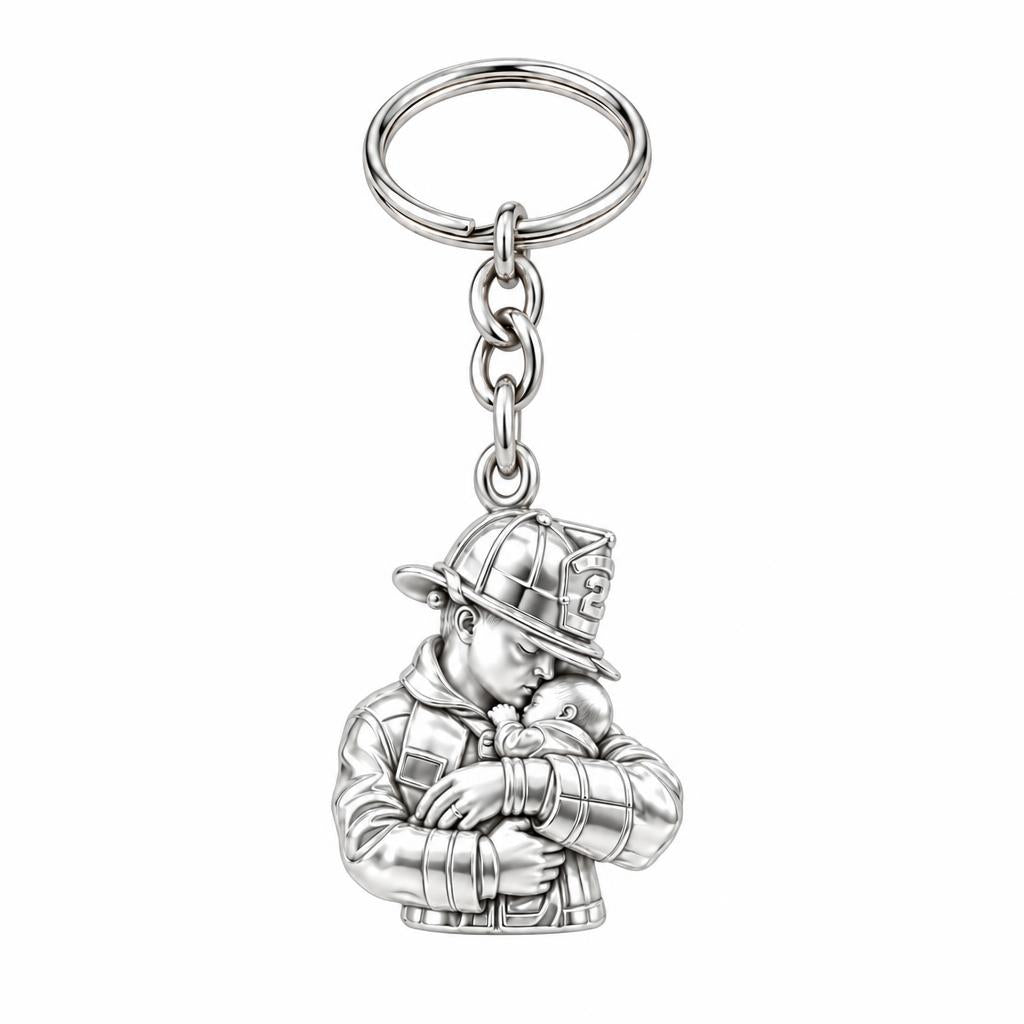 Firefighter Hero Gentle Embrace Charm Keychain – silver, front view