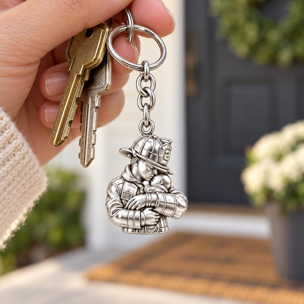 Firefighter Hero Gentle Embrace Charm Keychain – worn / in use