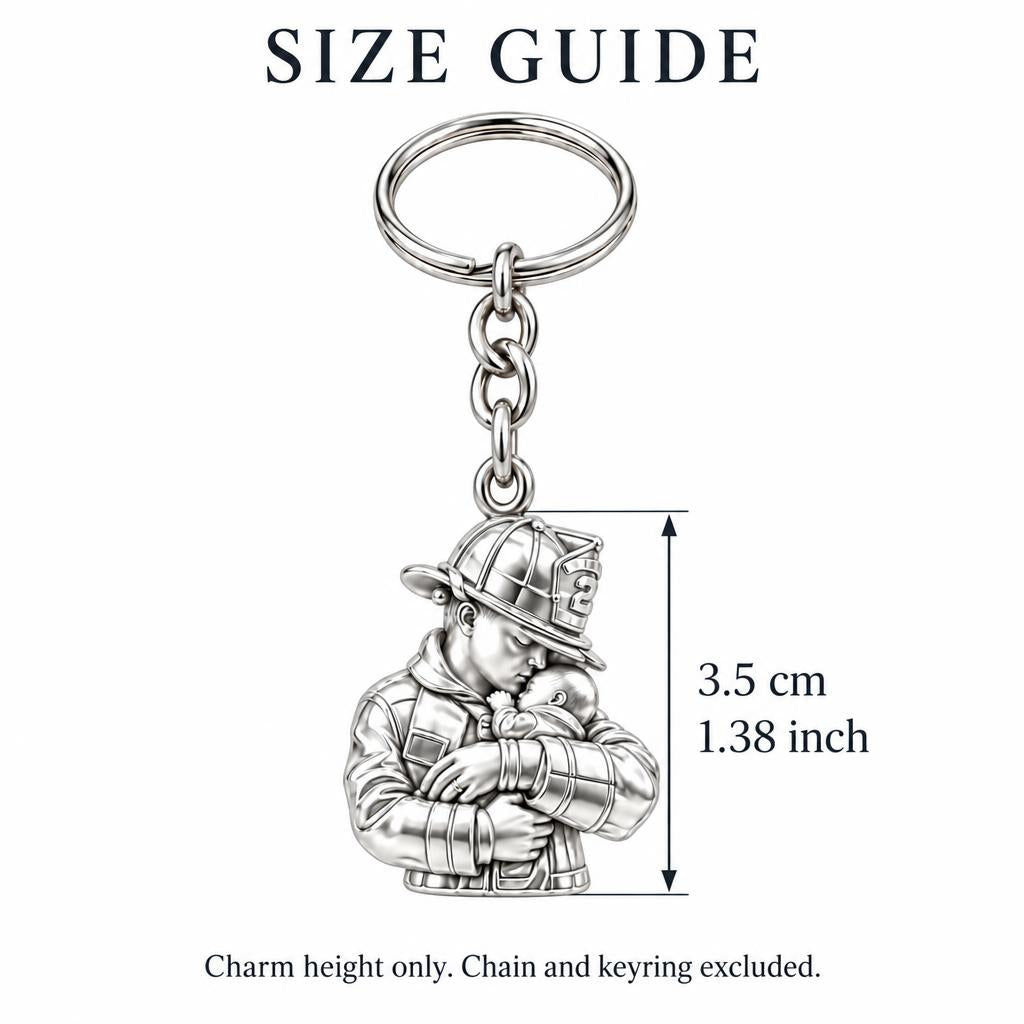 Firefighter Hero Gentle Embrace Charm Keychain – size guide, 3.5 cm (1.38 in) charm, chain and keyring excluded
