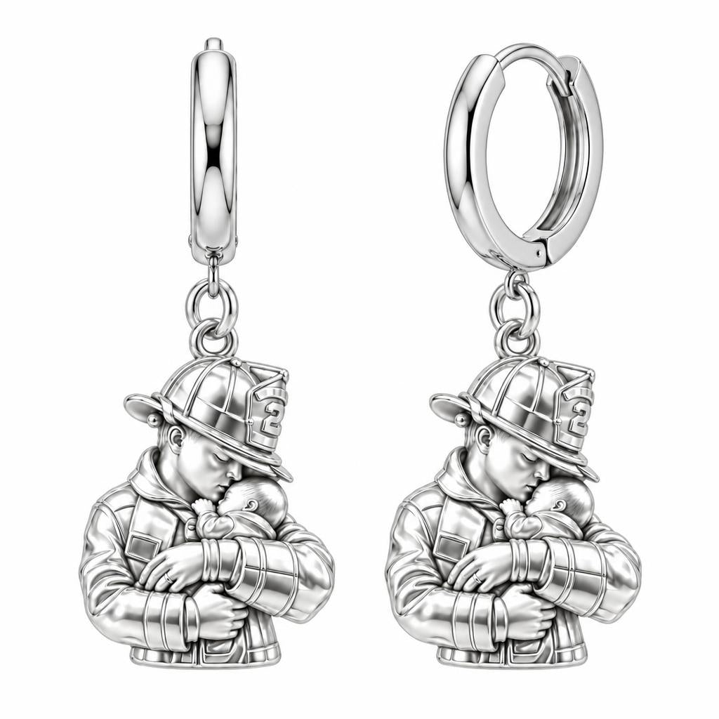 Firefighter Hero Gentle Embrace Huggie Charm Earrings – silver, front view