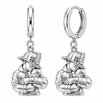 Firefighter Hero Gentle Embrace Huggie Charm Earrings – silver, front view