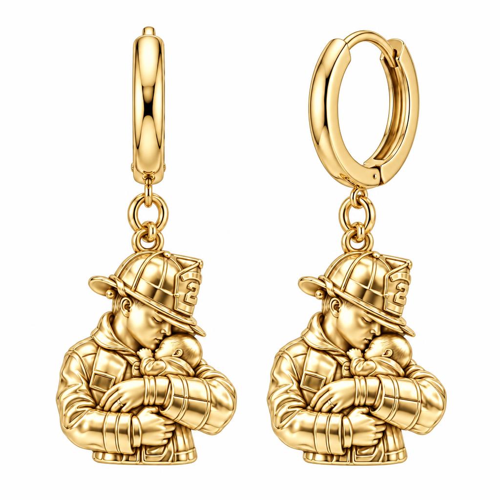 Firefighter Hero Gentle Embrace Huggie Charm Earrings – 18K gold, front view