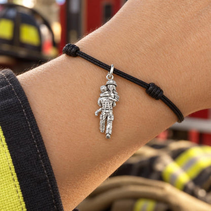 Firefighter Hero Hug Charm Bracelet – Personalized Couple Gift – worn on the wrist on a black cord bracelet
