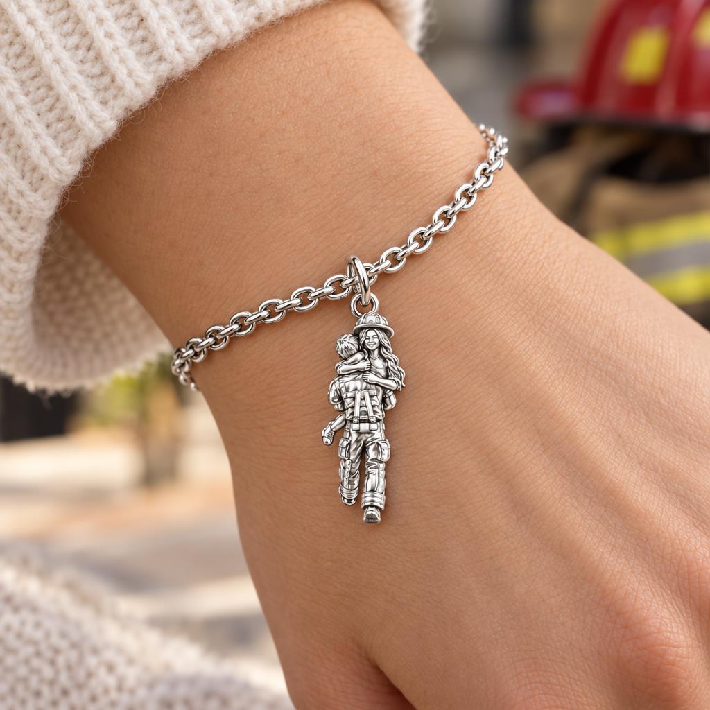 Firefighter Hero Hug Charm Bracelet Set – worn / in use