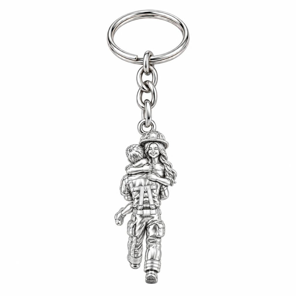 Firefighter Hero Hug Charm Keychain – silver, front view