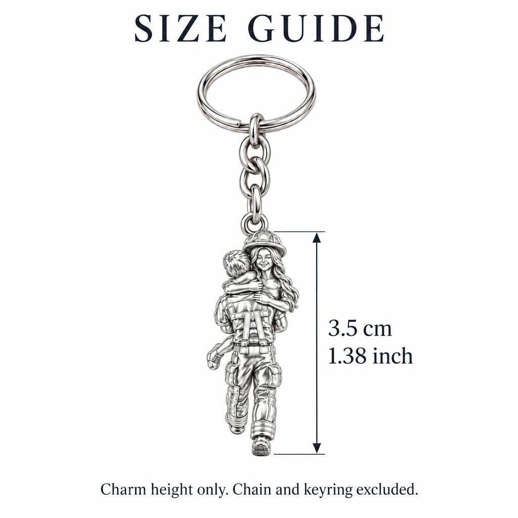 Firefighter Hero Hug Charm Keychain – size guide, 3.5 cm (1.38 in) charm, chain and keyring excluded
