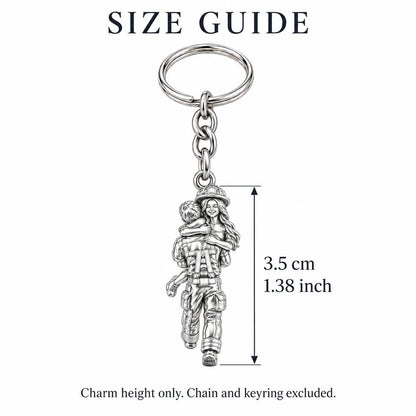 Firefighter Hero Hug Charm Keychain – size guide, 3.5 cm (1.38 in) charm, chain and keyring excluded