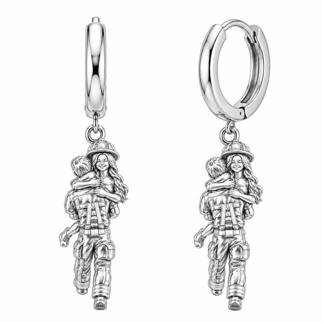 Firefighter Hero Hug Huggie Charm Earrings – silver, front view