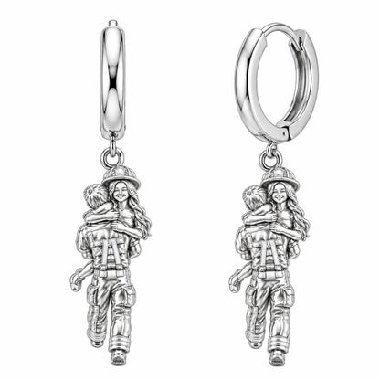 Firefighter Hero Hug Huggie Charm Earrings – silver, front view