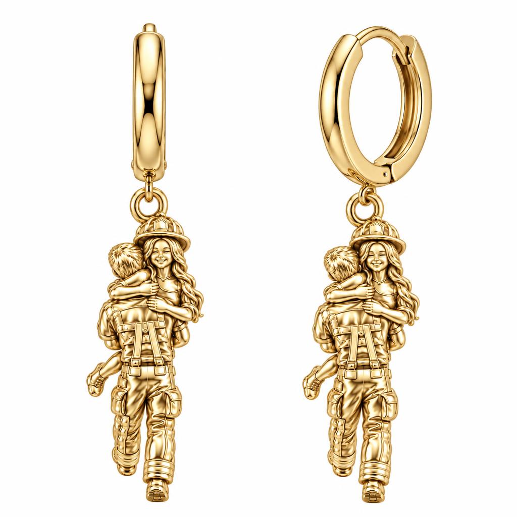 Firefighter Hero Hug Huggie Charm Earrings – 18K gold, front view