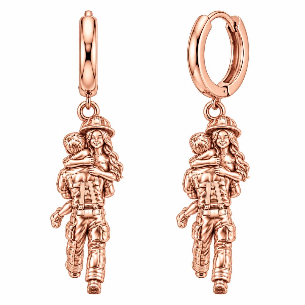 Firefighter Hero Hug Huggie Charm Earrings – rose gold, front view