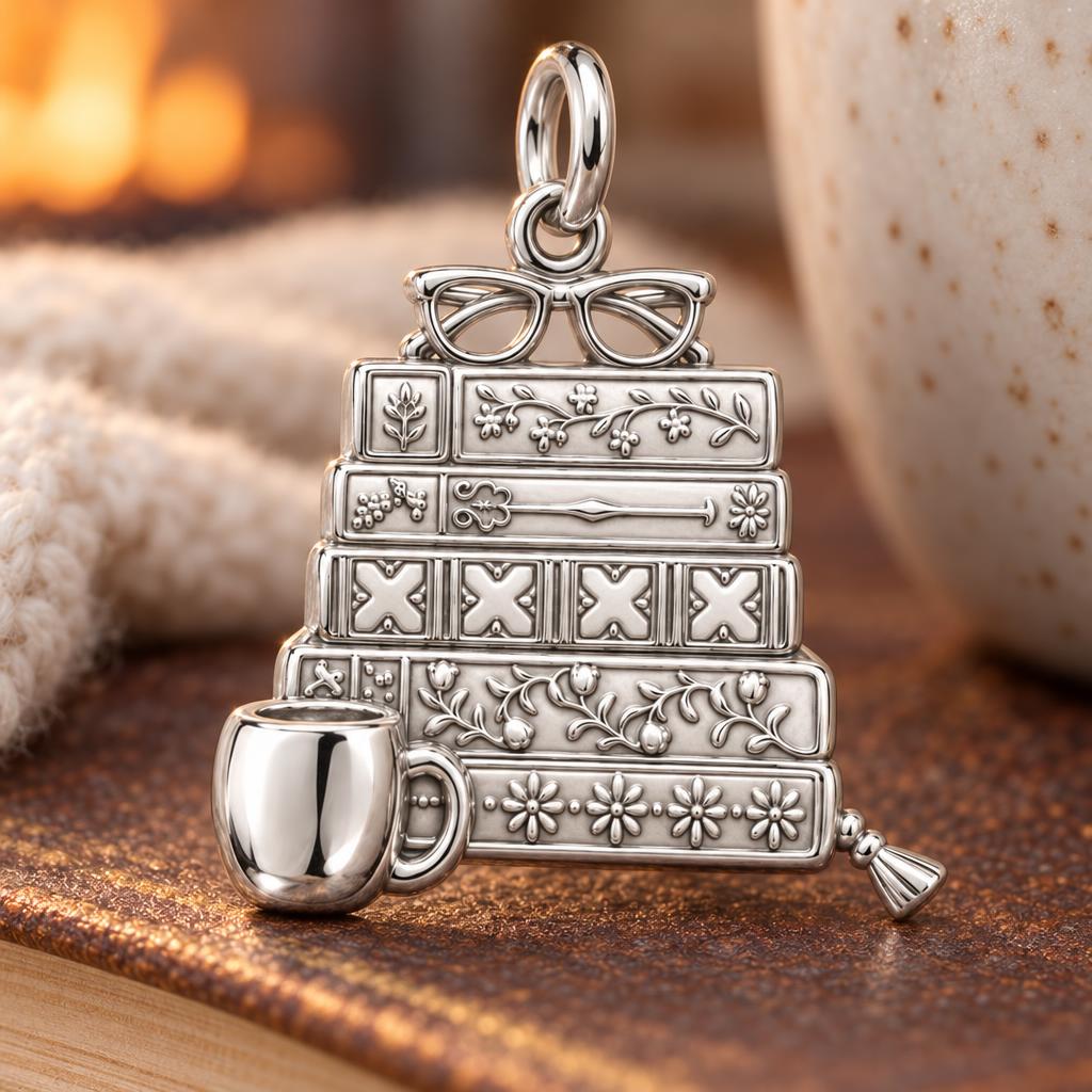 Fireside Reading Nook Charm Bracelet – Personalized Book Mom Gift – macro detail of the charm
