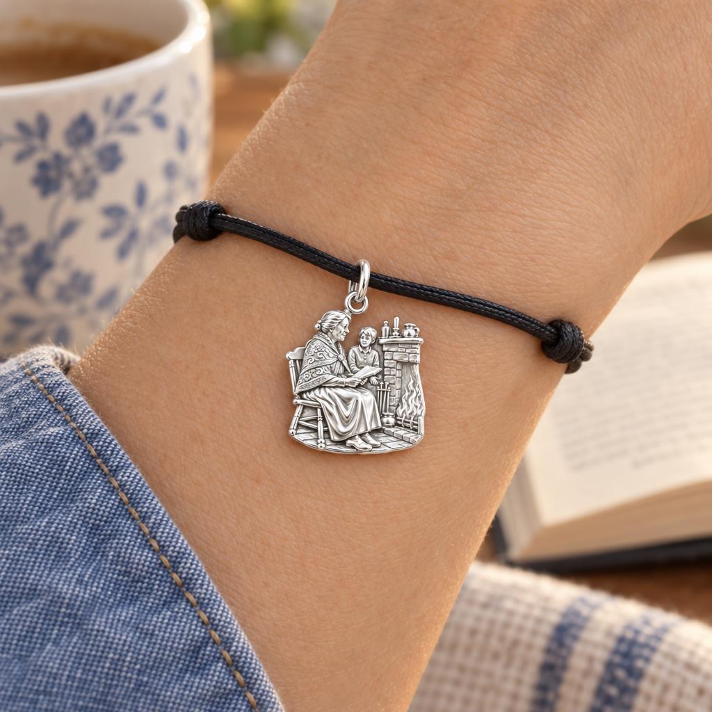 Fireside Stories Charm Bracelet – Personalized Grandma Gift – worn on the wrist on a black cord bracelet