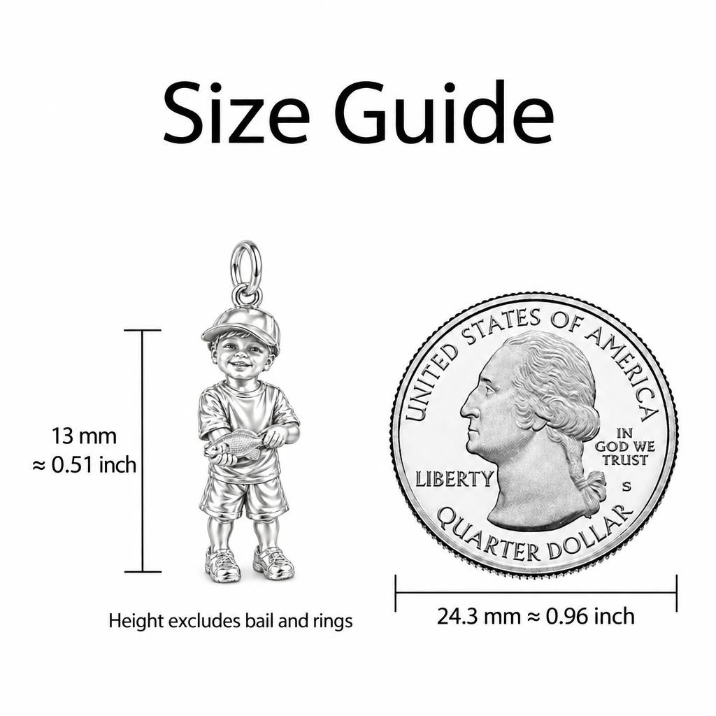 First Big Catch Charm Bracelet – Personalized Dad Gift – size guide, 13 mm charm next to a quarter