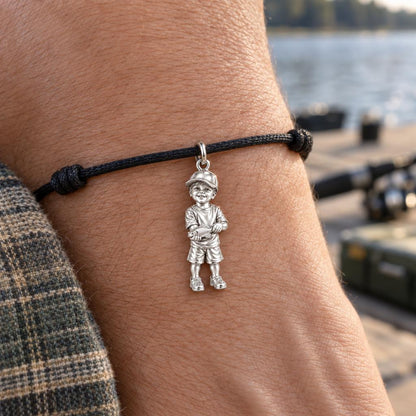 First Big Catch Charm Bracelet – Personalized Dad Gift – worn on the wrist on a black cord bracelet