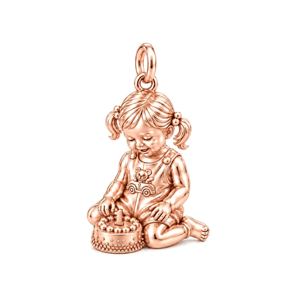 First Birthday Cake Charm Bracelet – Personalized Mom Gift – rose gold charm, front view