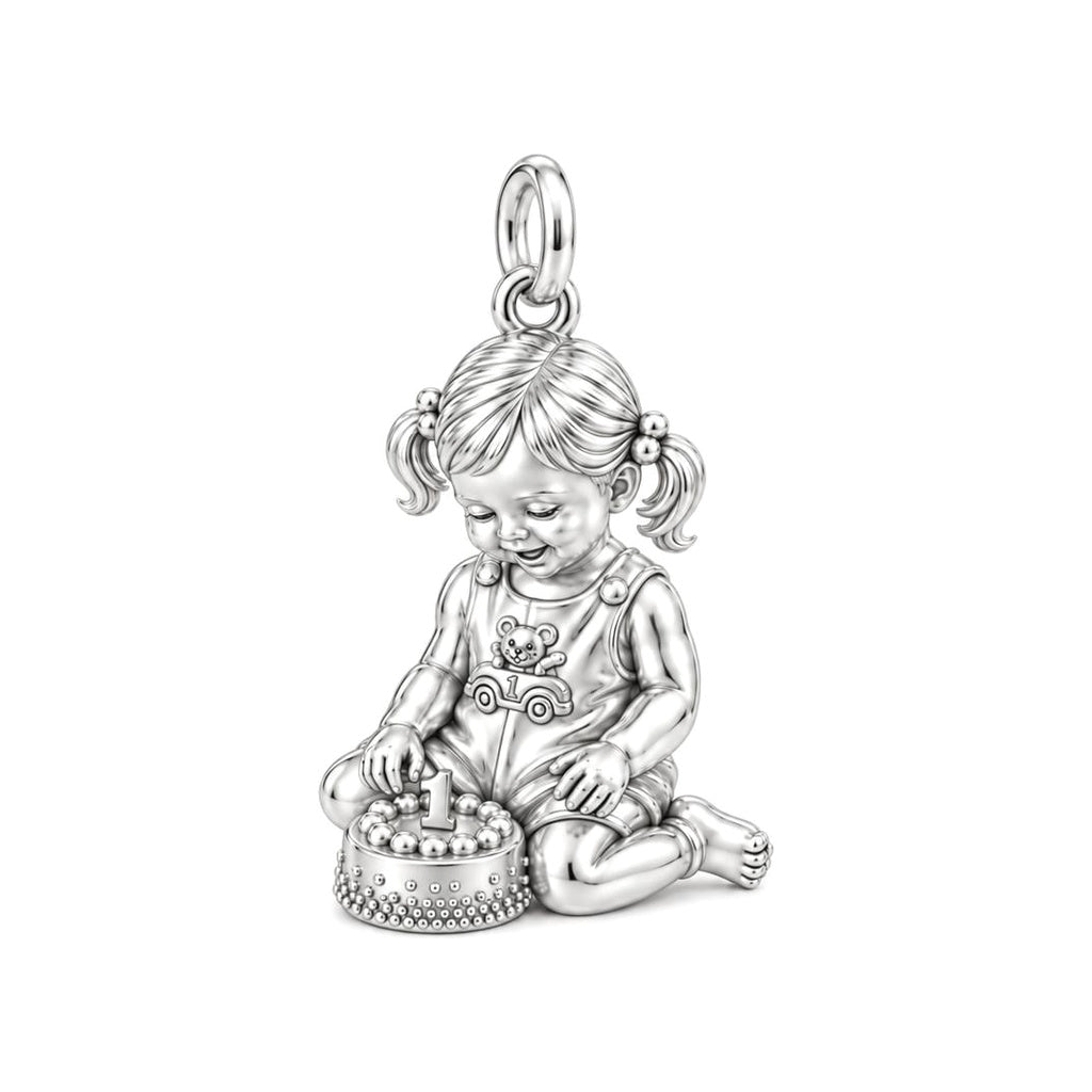 First Birthday Cake Charm Bracelet – Personalized Mom Gift – silver charm, front view
