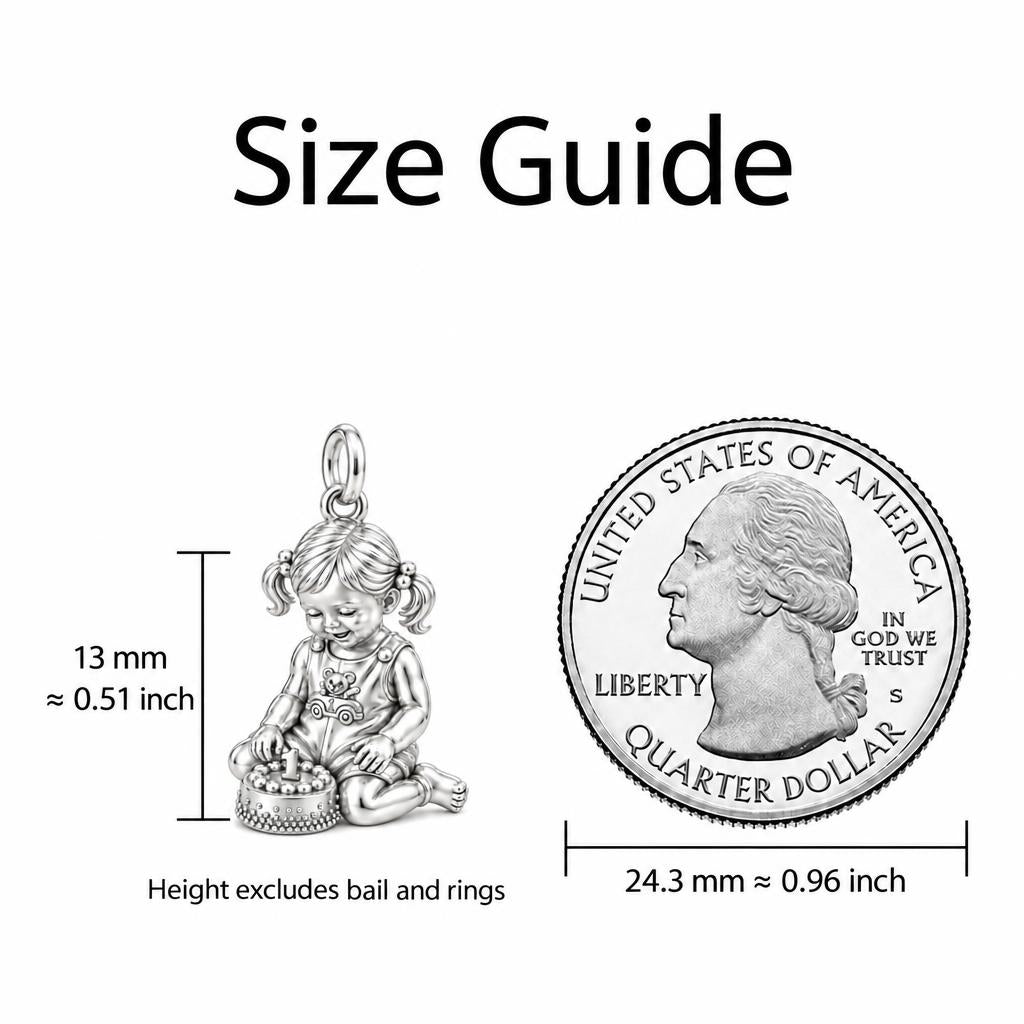 First Birthday Cake Charm Bracelet – Personalized Mom Gift – size guide, 13 mm charm next to a quarter