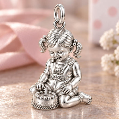 First Birthday Cake Charm Bracelet – Personalized Mom Gift – macro detail of the charm