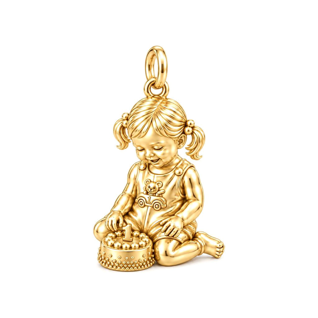 First Birthday Cake Charm Bracelet – Personalized Mom Gift – 18K gold charm, front view