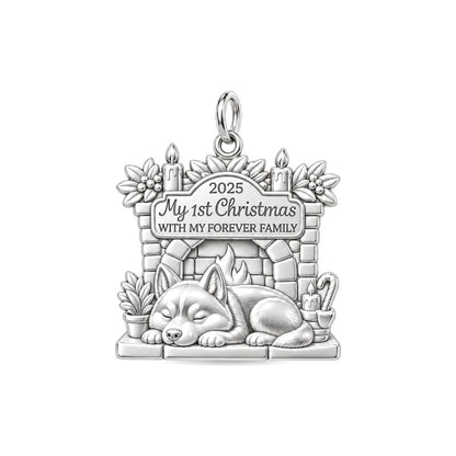 First Christmas Forever Family Charm and Polyester Cord Bracelet Set – silver plated 3 cm charm, front view