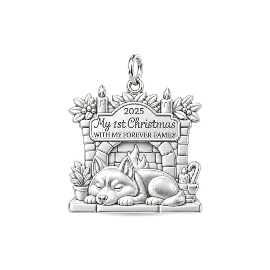 First Christmas Forever Family Charm and Polyester Cord Bracelet Set – silver plated 3 cm charm, front view