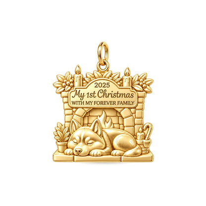 First Christmas Forever Family Charm and Polyester Cord Bracelet Set – 18K gold plated 3 cm charm, front view