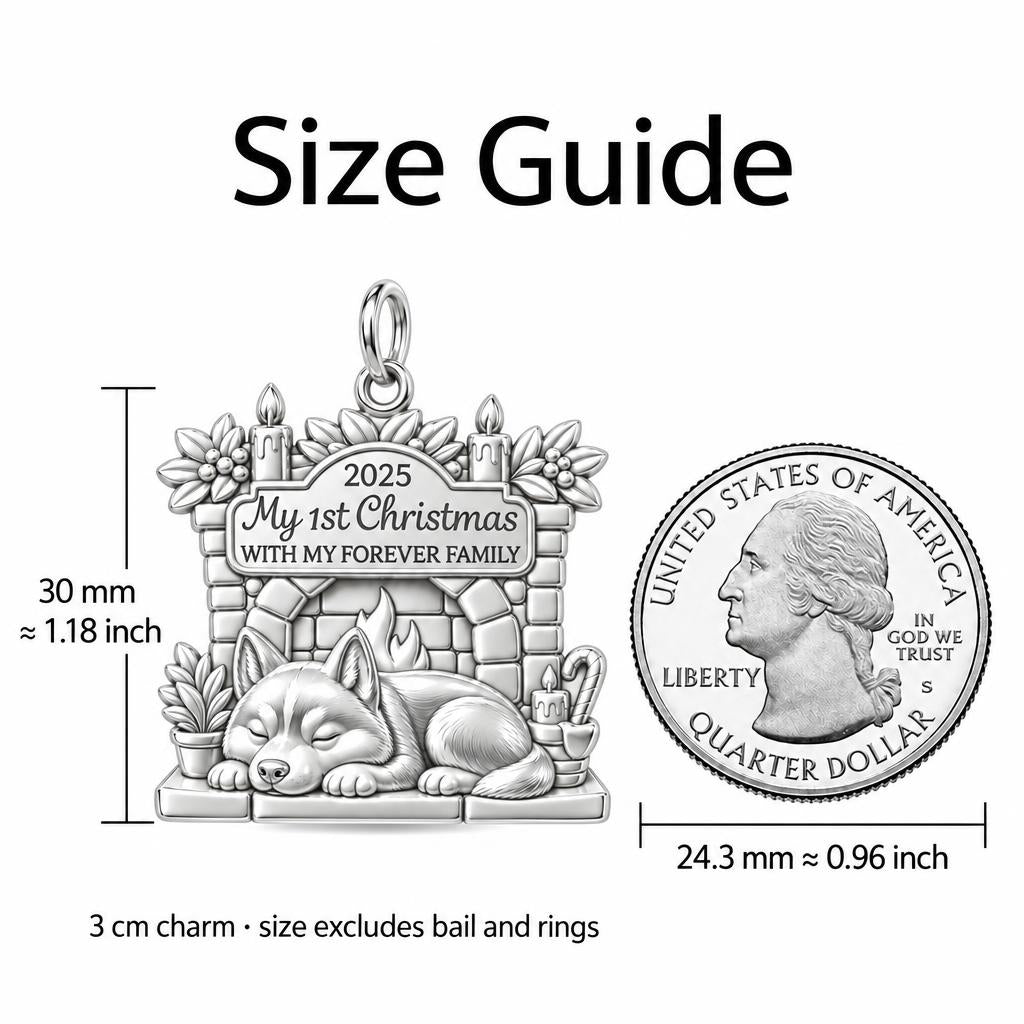 First Christmas Forever Family Charm and Polyester Cord Bracelet Set – size guide, 3 cm charm next to a quarter