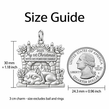 First Christmas Forever Family Charm and Polyester Cord Bracelet Set – size guide, 3 cm charm next to a quarter