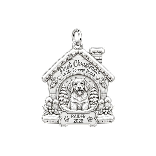 First Christmas Forever Home Charm Bracelet – Personalized Dog Mom – silver plated 2 cm charm, front view