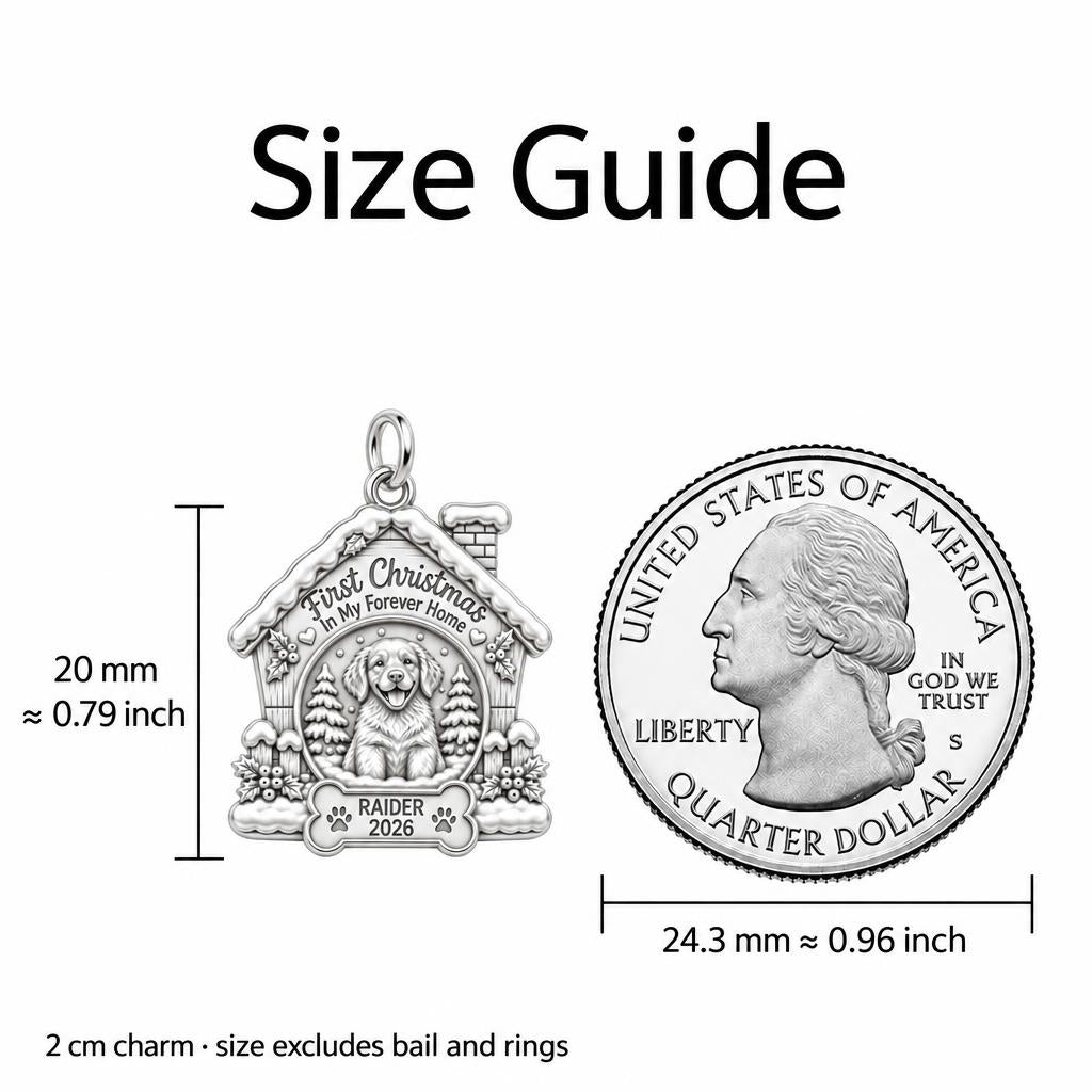 First Christmas Forever Home Charm Bracelet – Personalized Dog Mom – size guide, 2 cm charm next to a quarter