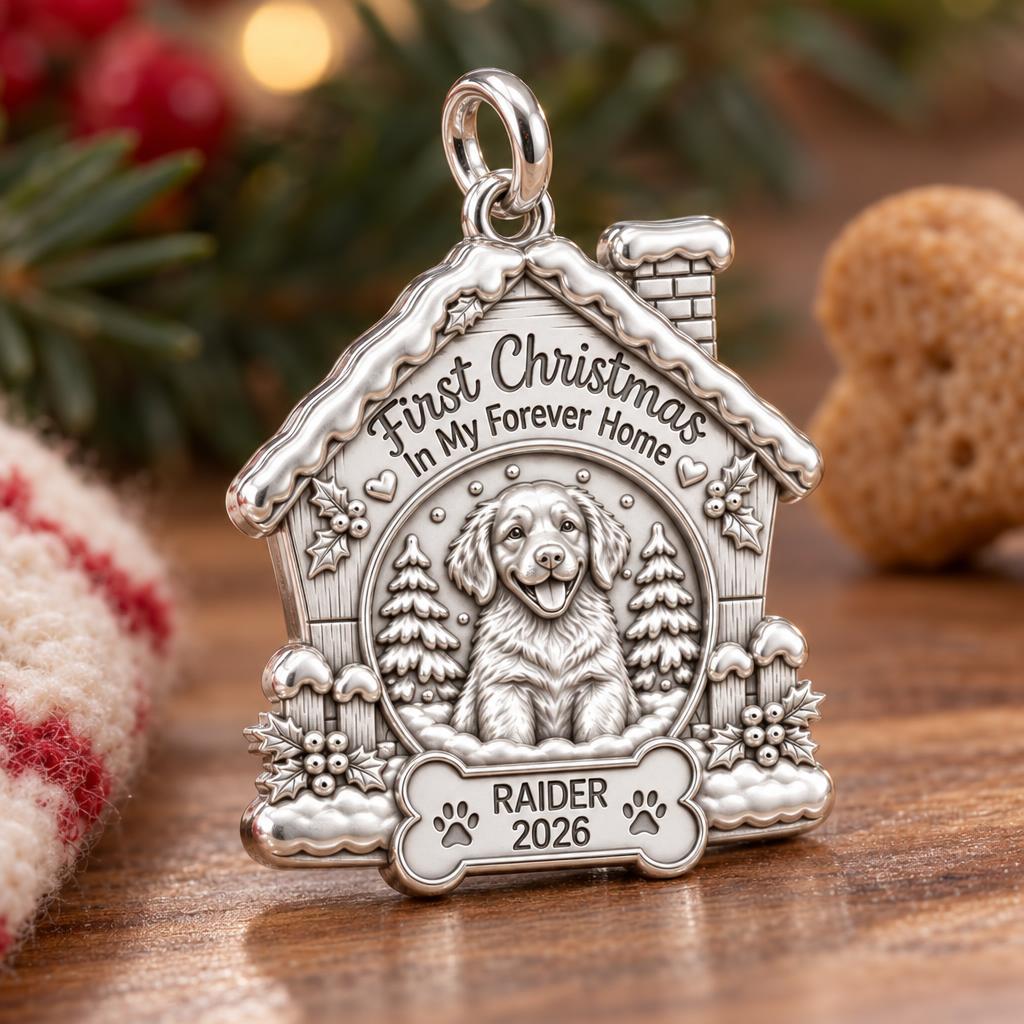 First Christmas Forever Home Charm Bracelet – Personalized Dog Mom – macro detail of the charm