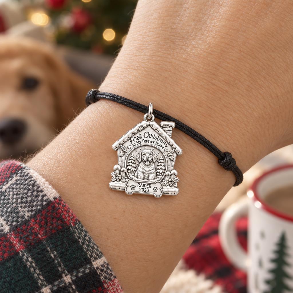 First Christmas Forever Home Charm Bracelet – Personalized Dog Mom – worn on the wrist on a black cord bracelet