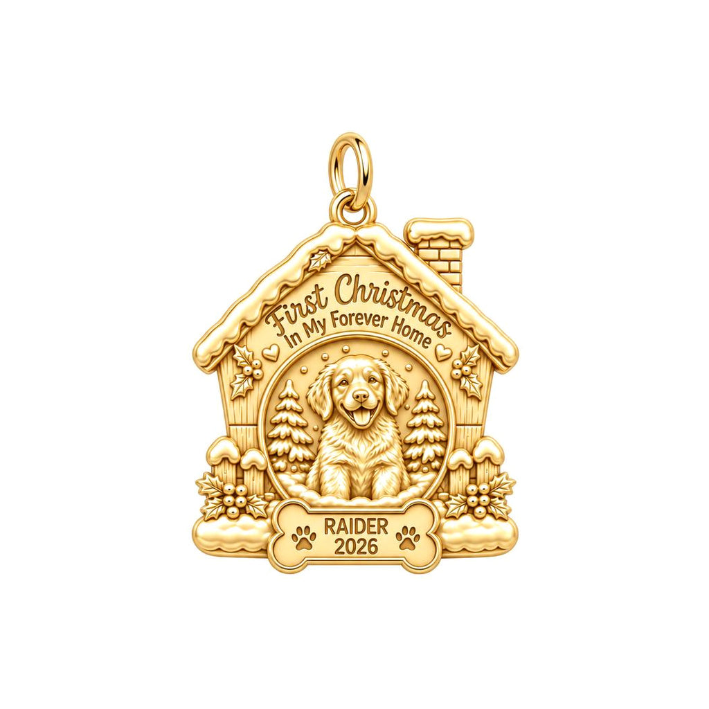 First Christmas Forever Home Charm Bracelet – Personalized Dog Mom – 18K gold plated 2 cm charm, front view
