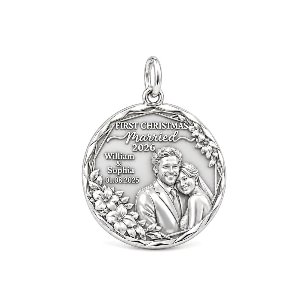 First Christmas Married Charm Bracelet – Personalized Couple Gift – silver plated 2 cm charm, front view