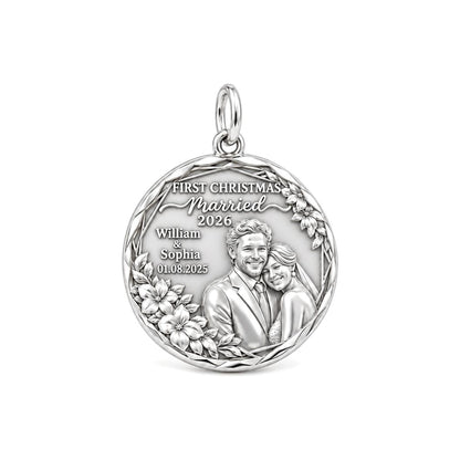 First Christmas Married Charm Bracelet – Personalized Couple Gift – silver plated 2 cm charm, front view